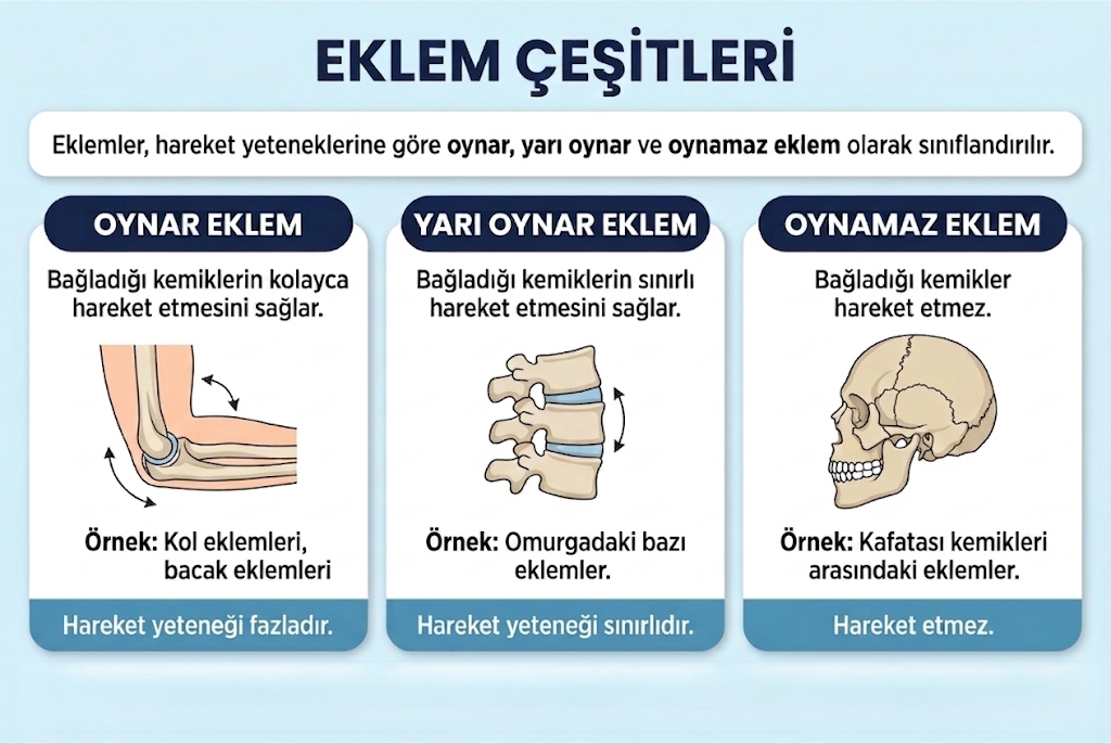 Oynar, yarı oynar ve oynamaz eklemleri örnekleriyle karşılaştıran görsel