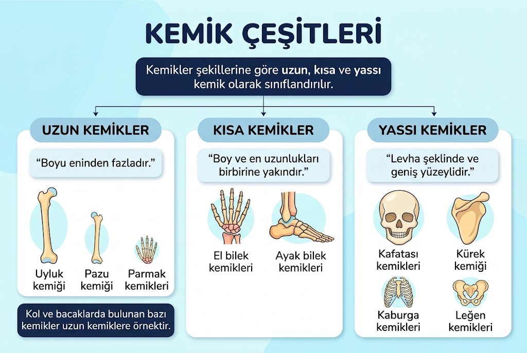 Uzun, kısa ve yassı kemikleri örneklerle sınıflandıran görsel