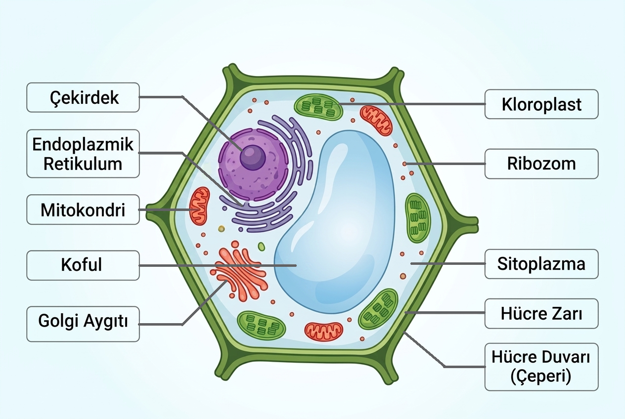 Bitki hücresinde çekirdek, endoplazmik retikulum, mitokondri, koful, Golgi aygıtı, kloroplast, ribozom, sitoplazma, hücre zarı ve hücre duvarını etiketleyen şema