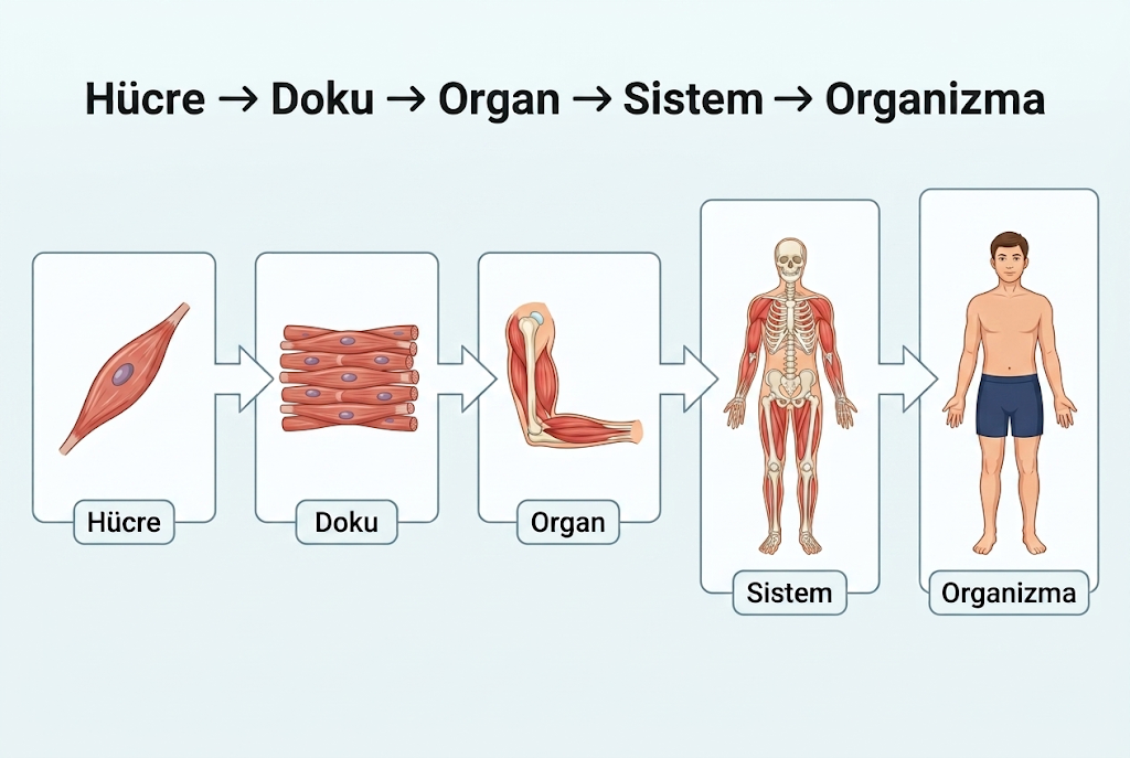 Hücre, doku, organ, sistem ve organizma basamaklarını kas hücresi örneğiyle gösteren şema